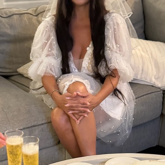 White Tulle Pearl Puff Sleeve Dress - Picture 3 of 4